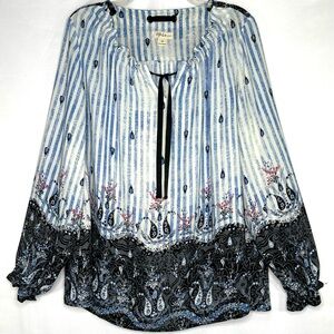 Style‎ & Co. Blue Stripe Paisley BlouseTie Neck Pullover Lightweight Boho Sz 1X